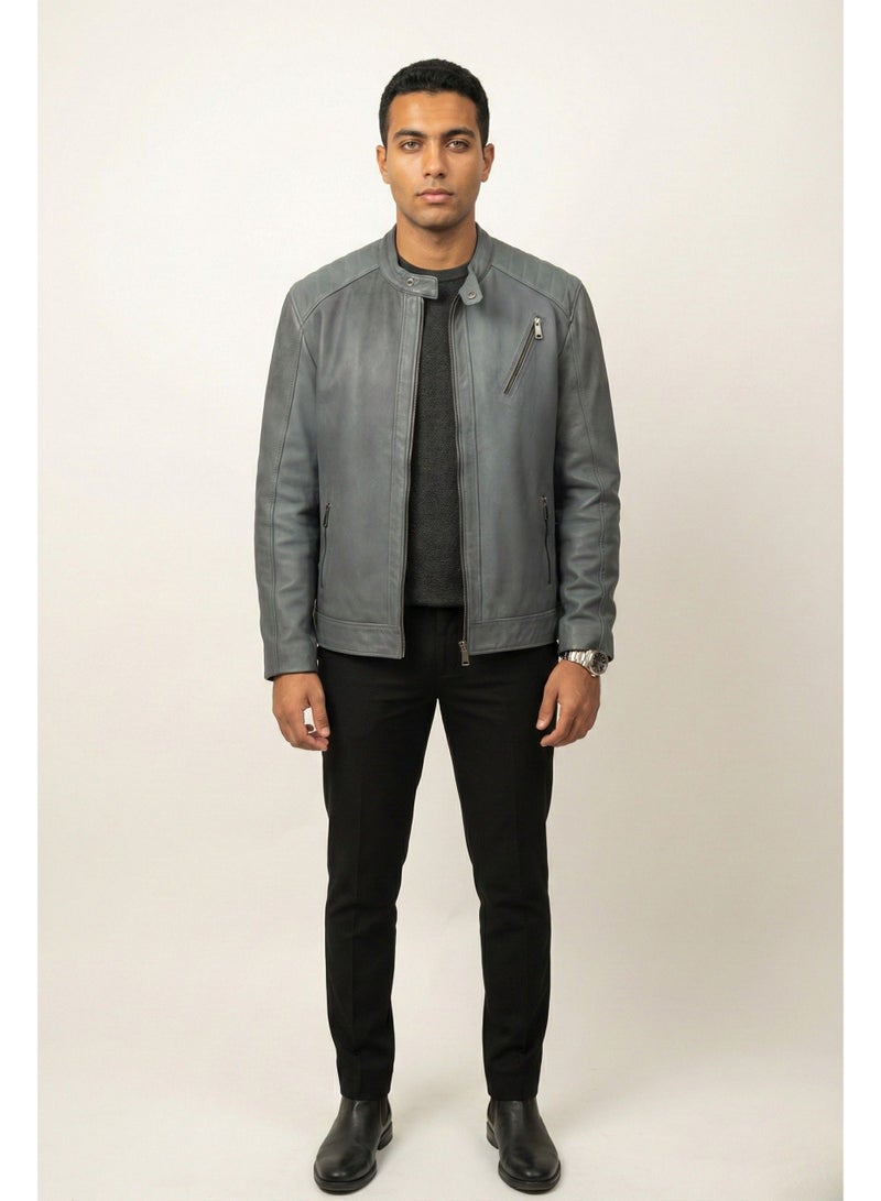 Lezaroty Men’s Leather Jacket Slate Blue Slim Biker Style Quilted Shoulders Stand Collar Front Zipper with Diagonal Chest and Side Zip Pockets - Image 3